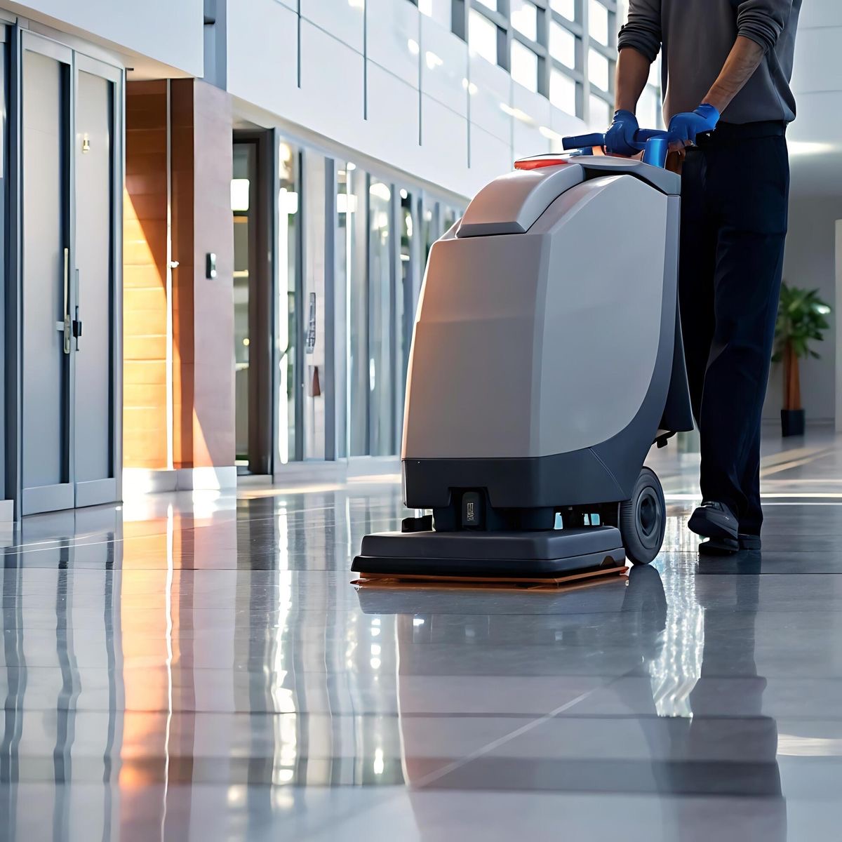 Technician running a walk-behind auto scrubber on a polished lobby floor