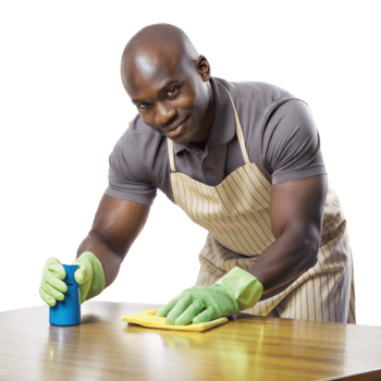 Smiling CleanSlate team member wiping a wooden table