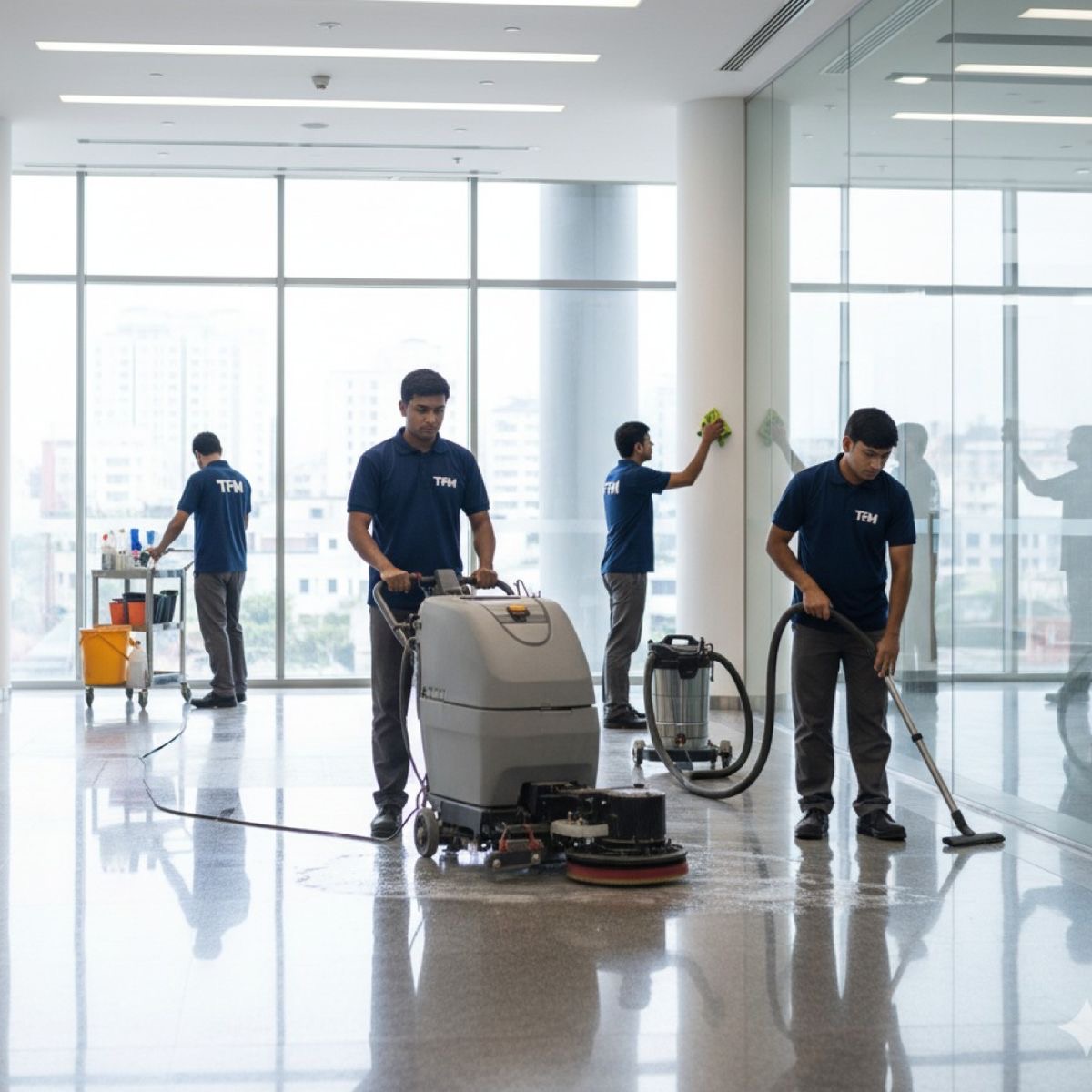 Cleaning crew scrubbing and vacuuming a bright high-rise commercial floor
