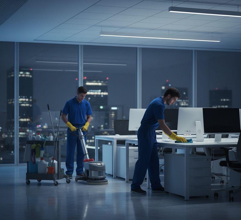 Two cleaners servicing a downtown office at night