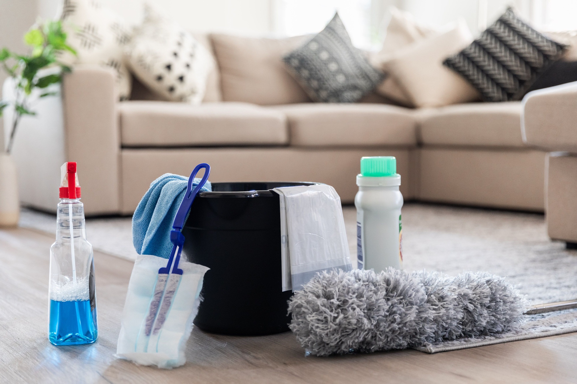 Deep cleaning supplies laid out on a living room floor