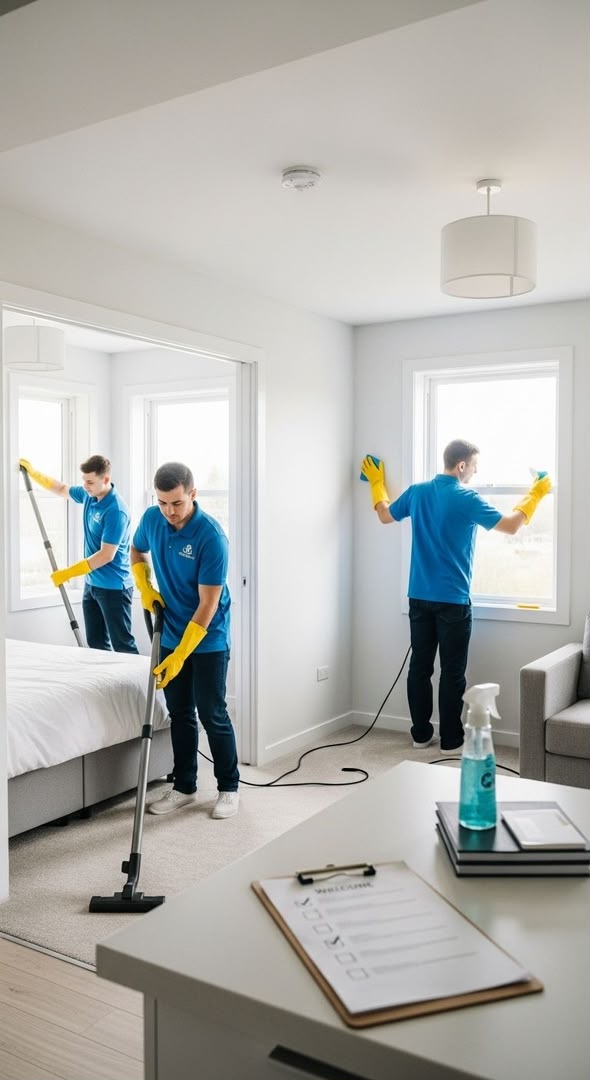 Two cleaners vacuuming and washing windows during a move-in clean