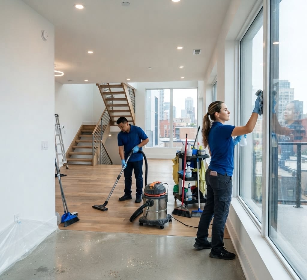 Cleaners vacuuming and washing windows after a condo renovation