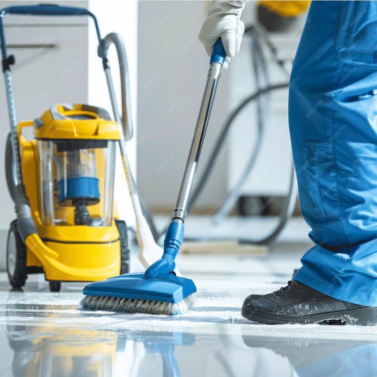 Worker scrubbing a polished floor with a brush beside a wet-dry vacuum